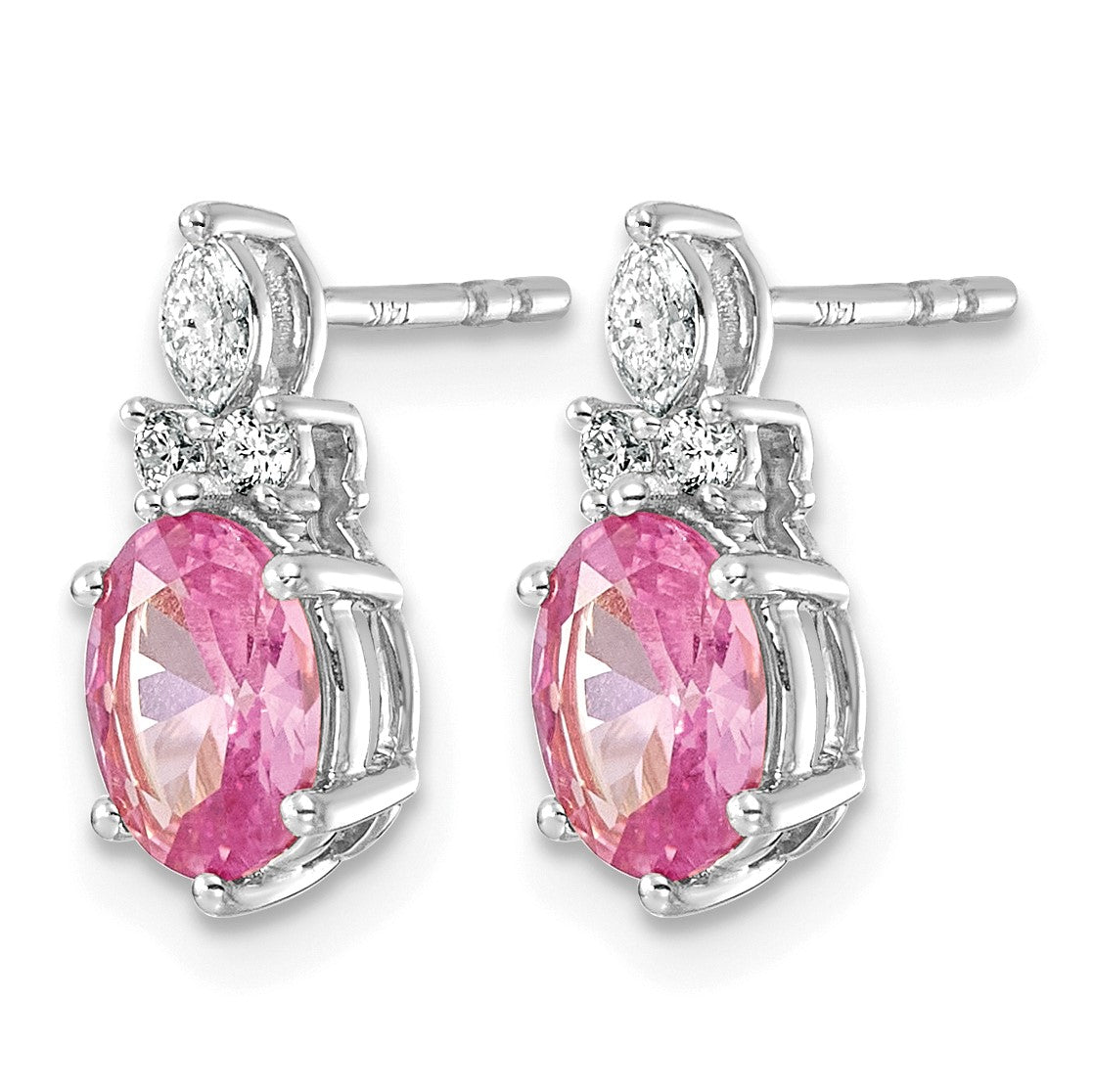 14K Weißgold Ohrstecker mit Diamanten und 7x5 mm ovalen, im Labor gezüchteten rosa Saphiren (Oktober-Geburtsstein)