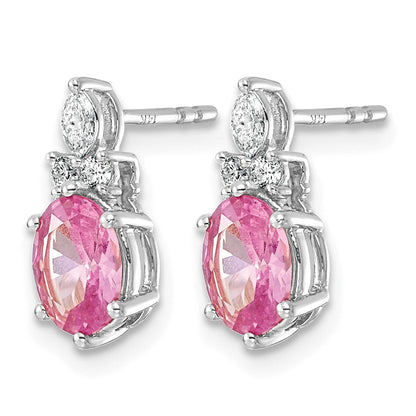 14K Weißgold Ohrstecker mit Diamanten und 7x5 mm ovalen, im Labor gezüchteten rosa Saphiren (Oktober-Geburtsstein)