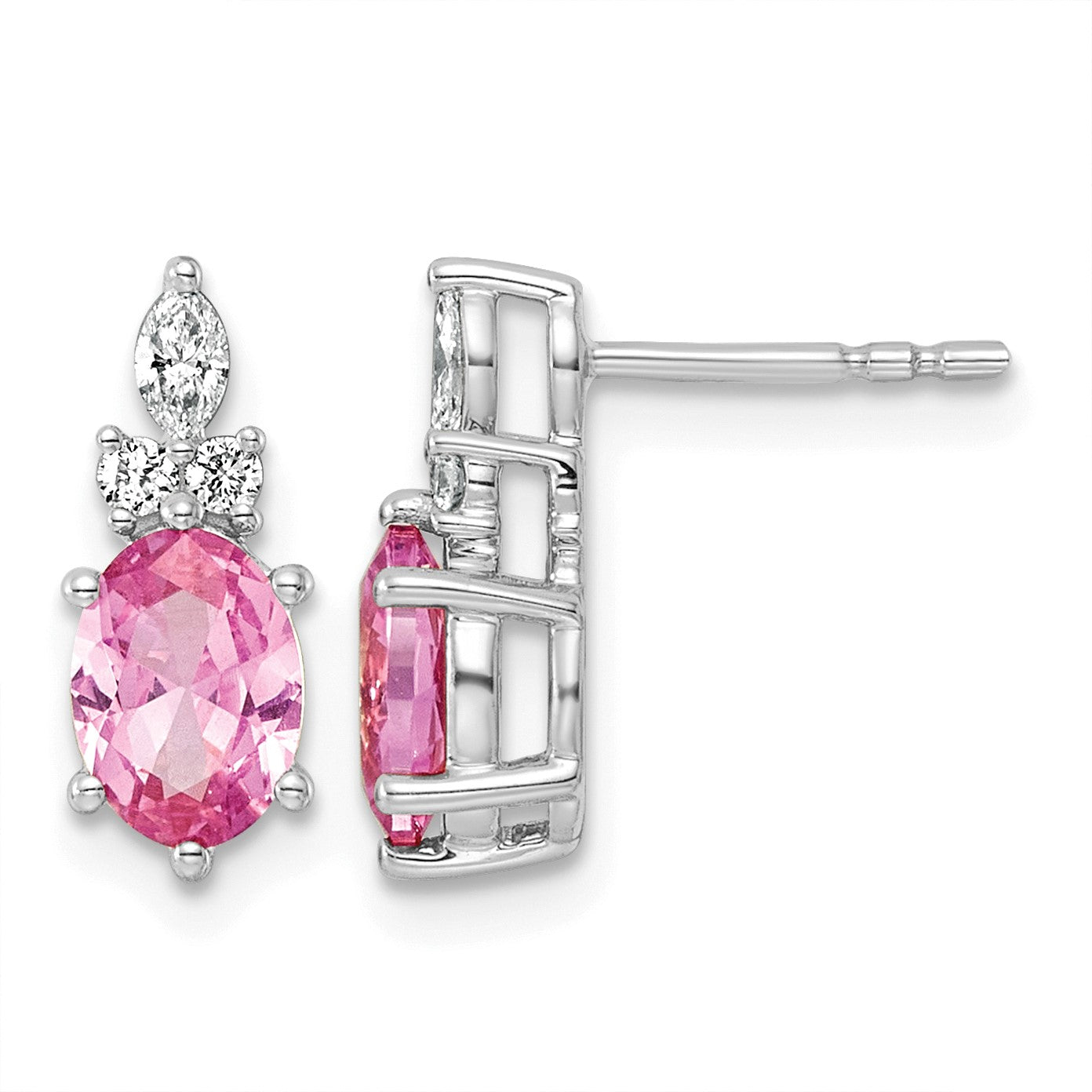 14K Weißgold Ohrstecker mit Diamanten und 7x5 mm ovalen, im Labor gezüchteten rosa Saphiren (Oktober-Geburtsstein)