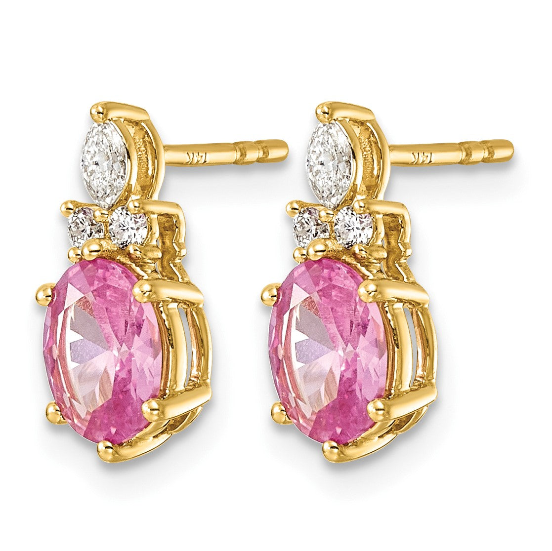 14K Gelbgold Ohrstecker mit Diamanten und 7x5 ovalem synthetischem rosa Saphir (Oktober-Geburtsstein)