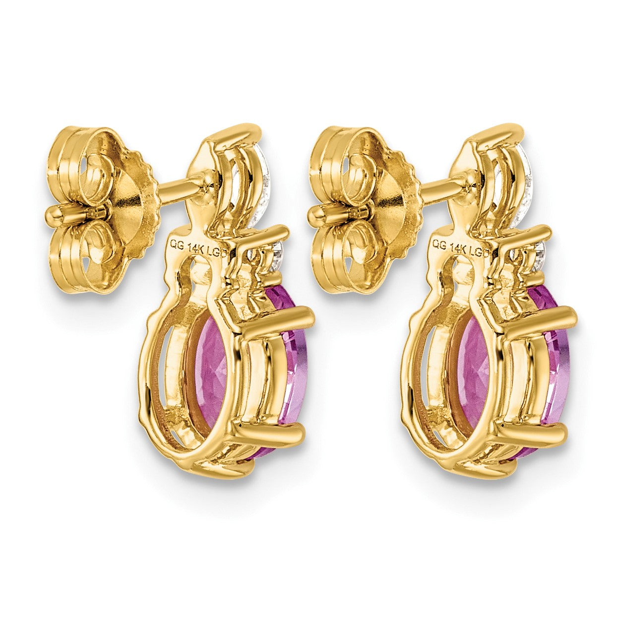 14K Gelbgold Ohrstecker mit Diamanten und 7x5 ovalem synthetischem rosa Saphir (Oktober-Geburtsstein)