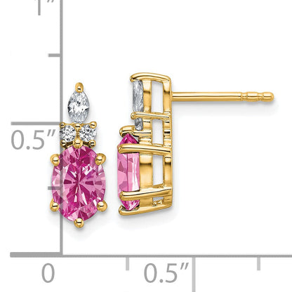 14K Gelbgold Ohrstecker mit Diamanten und 7x5 ovalem synthetischem rosa Saphir (Oktober-Geburtsstein)