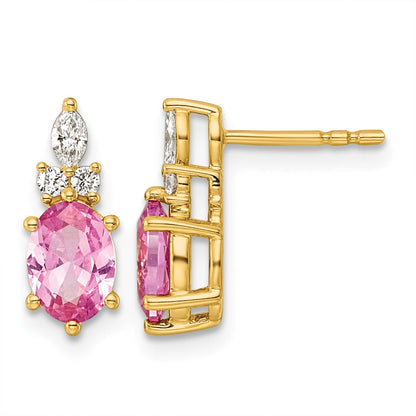 14K Gelbgold Ohrstecker mit Diamanten und 7x5 ovalem synthetischem rosa Saphir (Oktober-Geburtsstein)