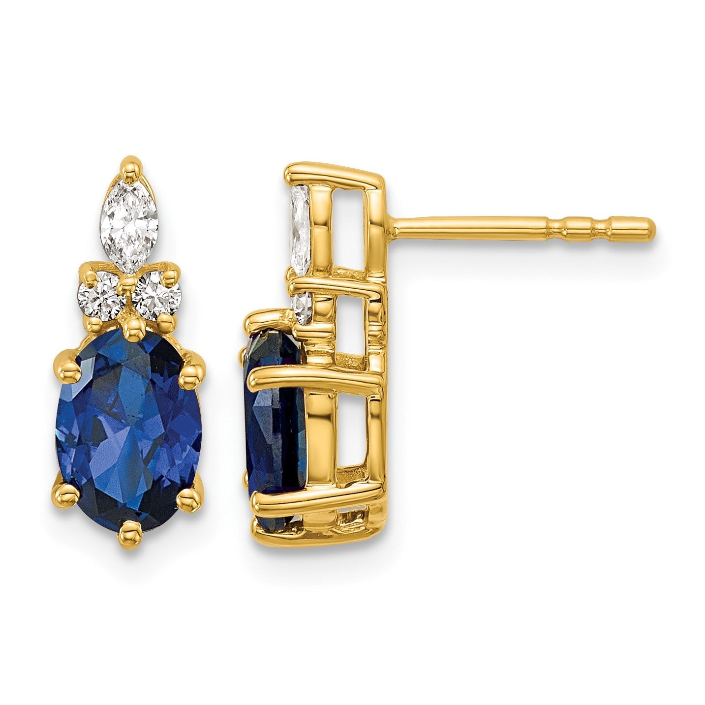 14K Gelbgold Ohrstecker mit Diamanten und ovalem 7x5 mm laborgezüchtetem September-Saphir