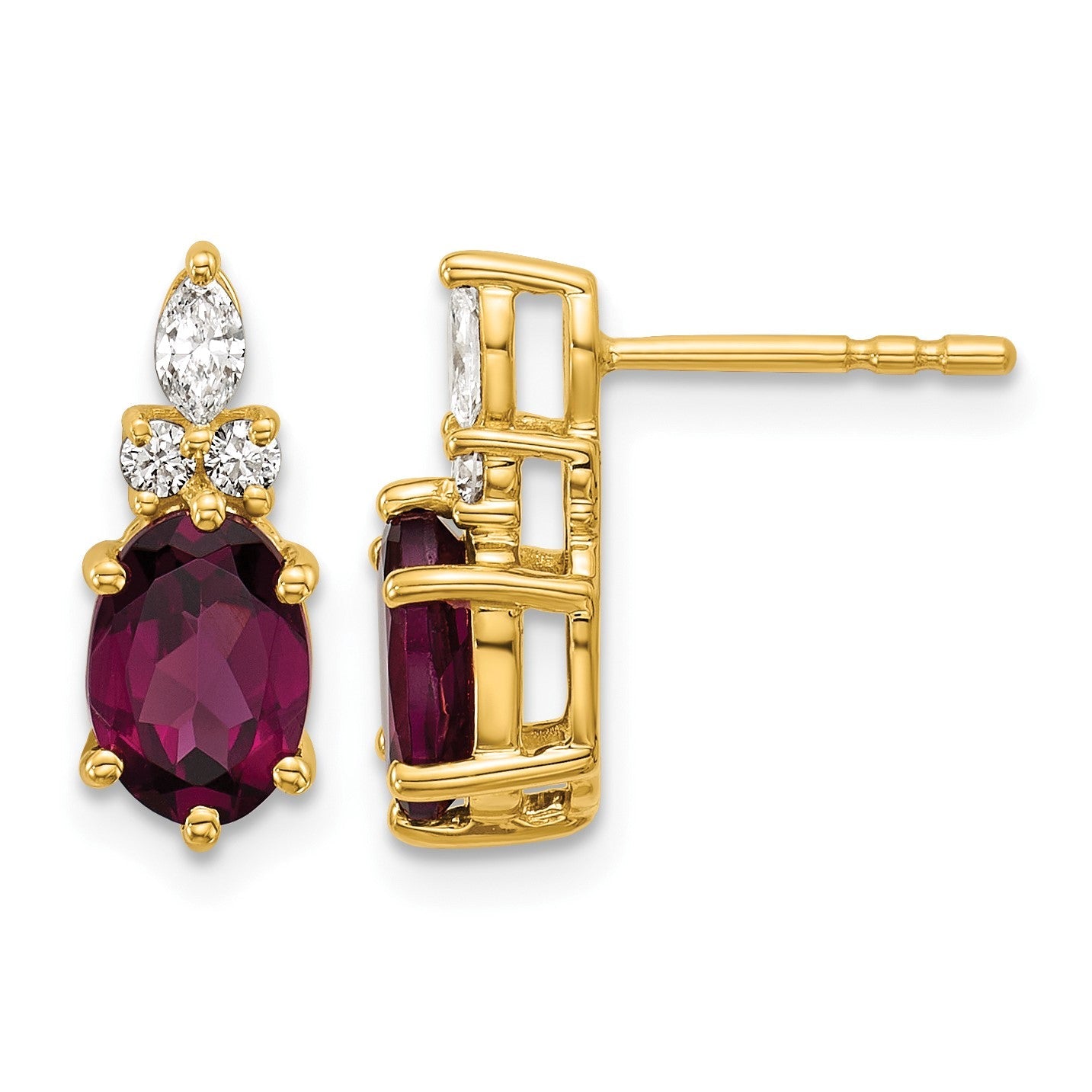 14K Gelbgold Diamant- und 7x5 ovale Juni/Rhodolith-Granat-Ohrstecker
