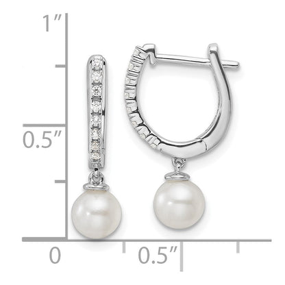 14K Weißgold Creolen mit Scharnier, 0,10 ct. im Labor gezüchteten Diamanten VS/SI+ G+ und 5,50 mm runden Süßwasser-Zuchtperlen
