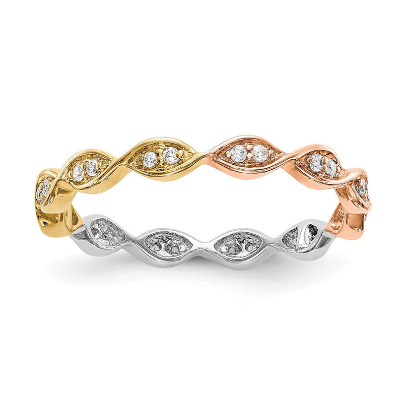 Massiver echter 14K Tricolor-Gold Memoire-Ehering mit Pavé-Fassung, 0,17 ct. Zirkonia, Vintage-Stil, Größe 4