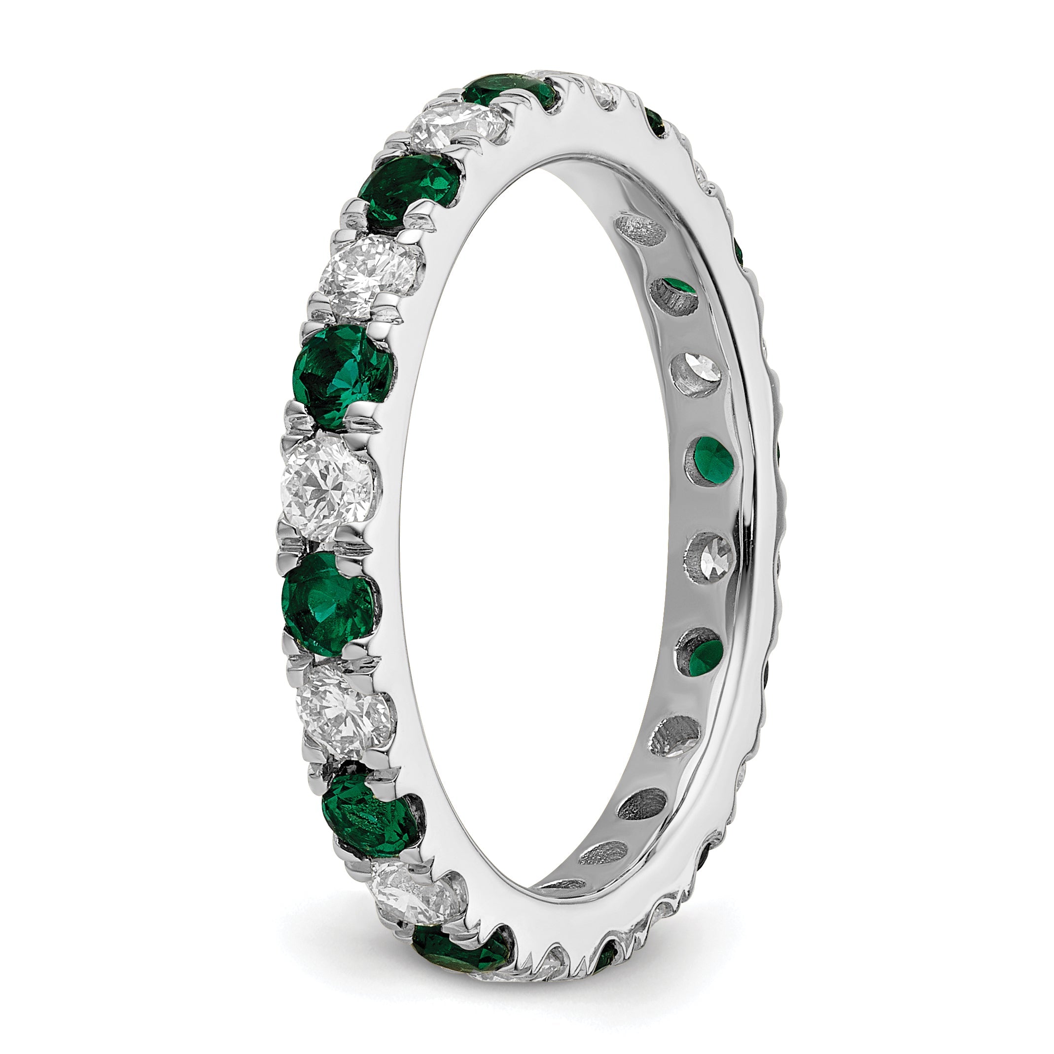 14K Weißgold Memoire-Ring mit 0,75 ct. im Labor gezüchteten Diamanten VS/SI+ G+ und im Labor gezüchteten Smaragden