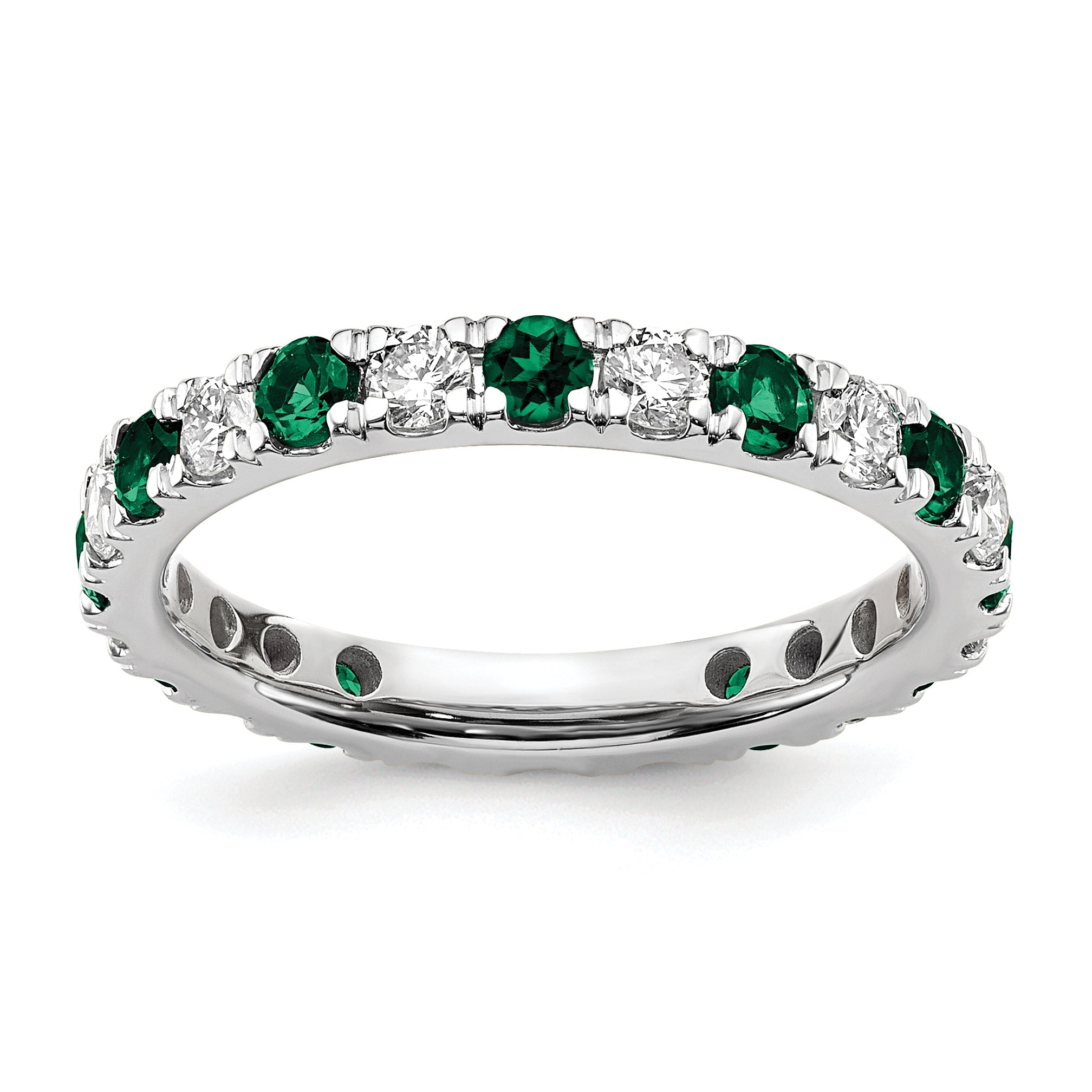 14K Weißgold Memoire-Ring mit 0,75 ct. im Labor gezüchteten Diamanten VS/SI+ G+ und im Labor gezüchteten Smaragden