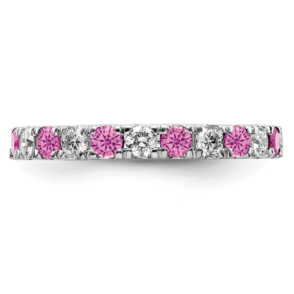 14K Weißgold Memoire-Ring mit 0,875 ct. laborgezüchteten Diamanten VS/SI+ G+ und laborerzeugtem Pink-Saphir