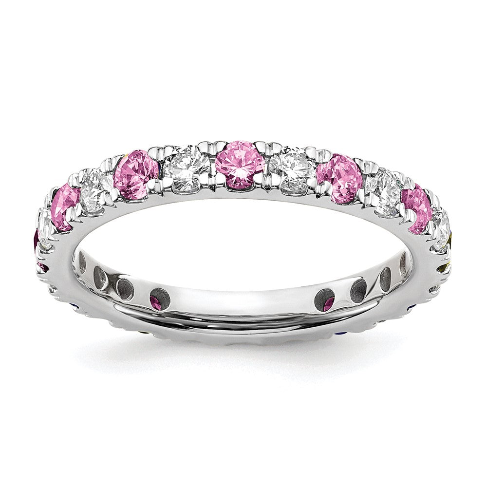 14K Weißgold Memoire-Ring mit 0,875 ct. laborgezüchteten Diamanten VS/SI+ G+ und laborerzeugtem Pink-Saphir