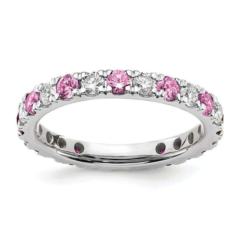 14K Weißgold Memoire-Ring mit 0,75 ct. im Labor gezüchteten Diamanten VS/SI+ G+ und im Labor gezüchteten pinken Saphiren