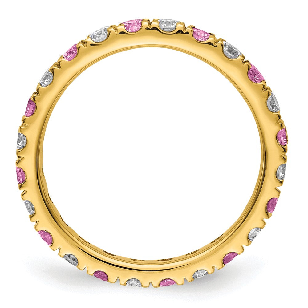 14K Gelbgold Memoire-Ring mit 0,75 ct. im Labor gezüchteten Diamanten VS/SI+ G+ und im Labor gezüchteten pinken Saphiren