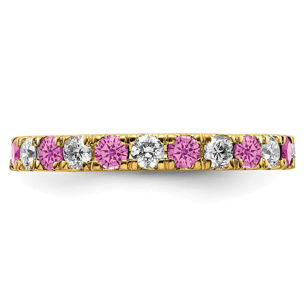 14K Gelbgold Memoire-Ring mit 0,75 ct. im Labor gezüchteten Diamanten VS/SI+ G+ und im Labor gezüchteten pinken Saphiren