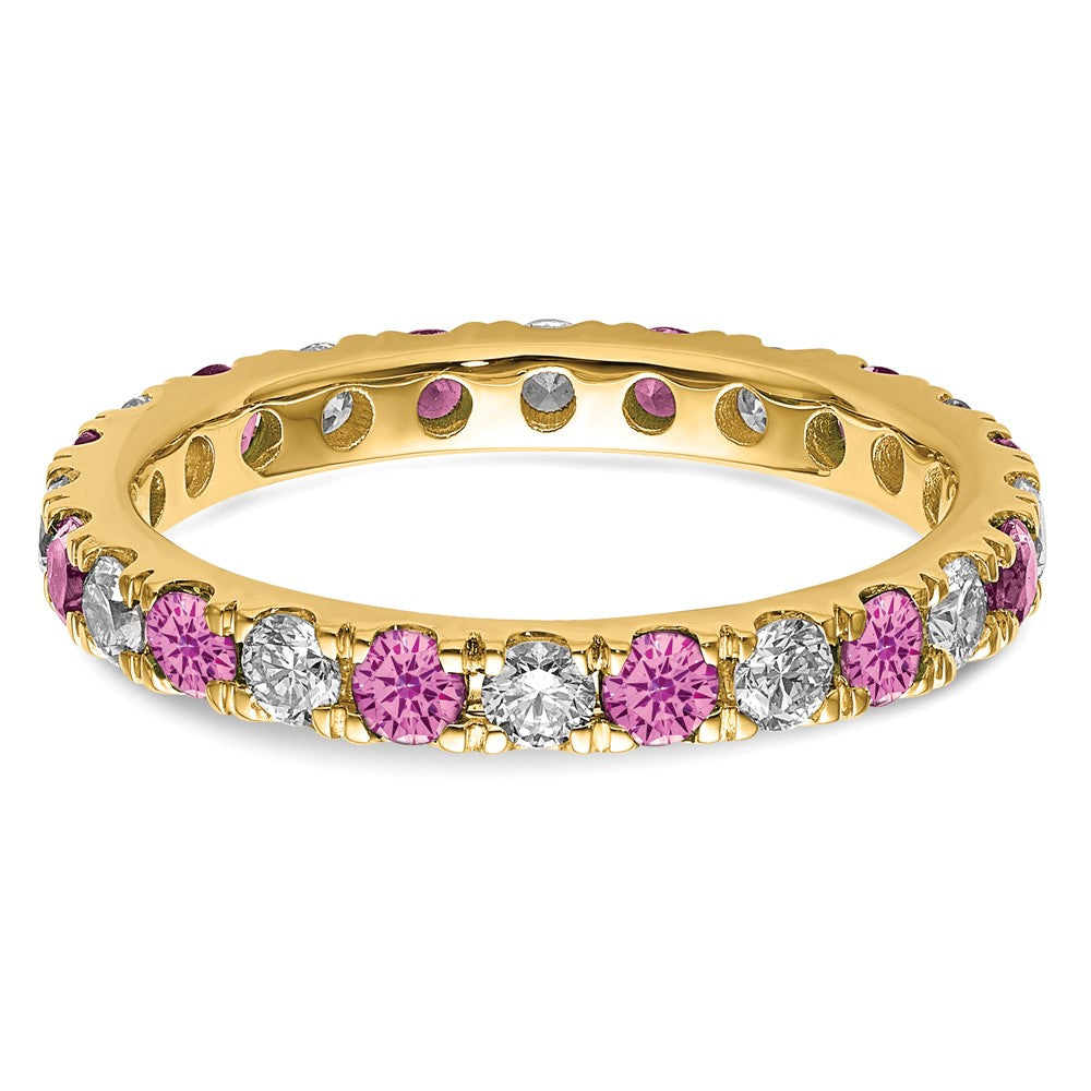 14K Gelbgold Memoire-Ring mit 0,75 ct. im Labor gezüchteten Diamanten VS/SI+ G+ und im Labor gezüchteten pinken Saphiren