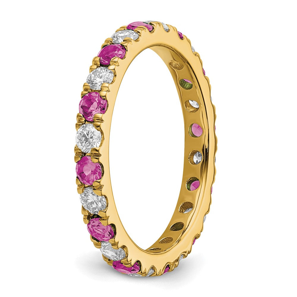 14K Gelbgold Memoire-Ring mit 0,875 ct. im Labor gezüchteten Diamanten VS/SI+ G+ und im Labor gezüchteten Pink-Saphiren