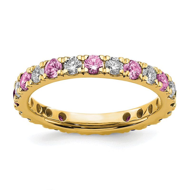 14K Gelbgold Memoire-Ring mit 0,75 ct. im Labor gezüchteten Diamanten VS/SI+ G+ und im Labor gezüchteten pinken Saphiren