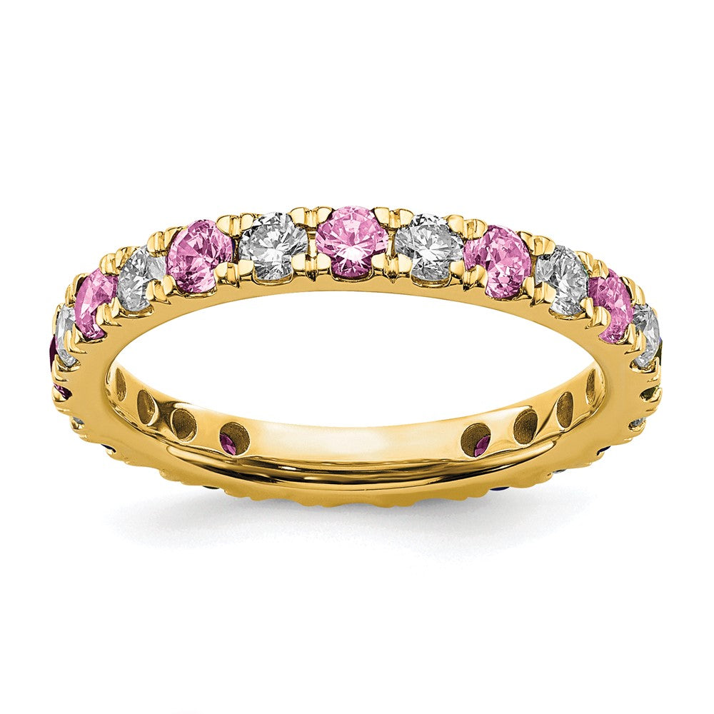 14K Gelbgold Memoire-Ring mit 0,875 ct. im Labor gezüchteten Diamanten VS/SI+ G+ und im Labor gezüchteten Pink-Saphiren
