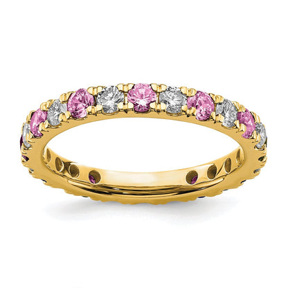14K Gelbgold Memoire-Ring mit 0,875 ct. im Labor gezüchteten Diamanten VS/SI+ G+ und im Labor gezüchteten Pink-Saphiren