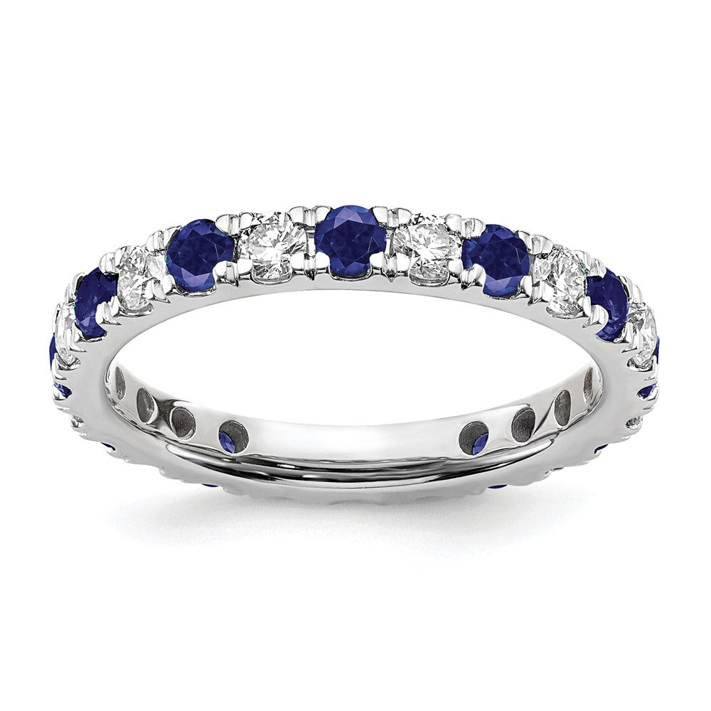 14K Weißgold Memoire-Ring mit 0,75 ct. im Labor gezüchteten Diamanten VS/SI+ G+ und im Labor gezüchteten blauen Saphiren