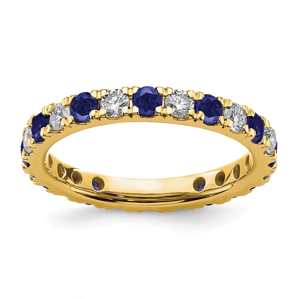 14K Gelbgold Memoire Ring mit 0,875 ct. Labor gezüchteten Diamanten VS/SI+ G+ und laborgezüchteten blauen Saphiren