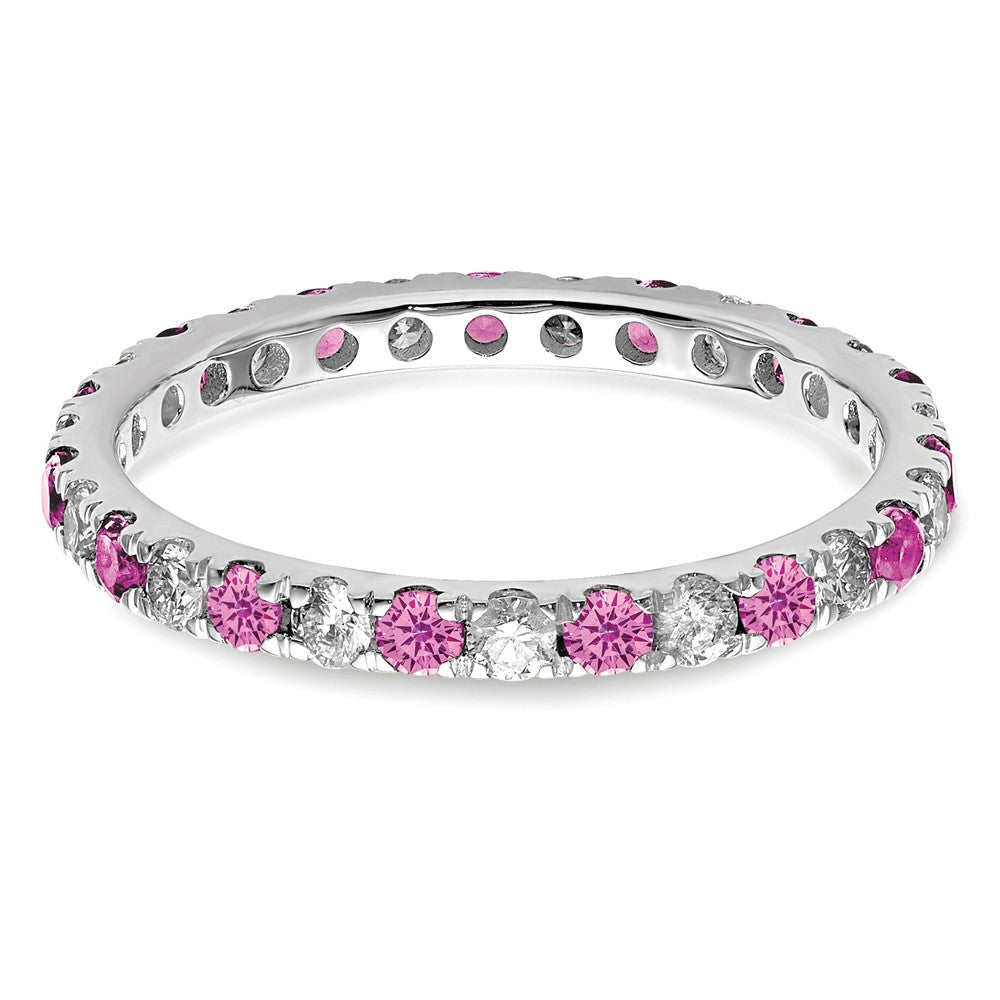 14K Weißgold Memoire-Ring mit 0,5 ct. im Labor gezüchteten Diamanten VS/SI+ G+ und im Labor gezüchteten Pink-Saphiren, Größe 9