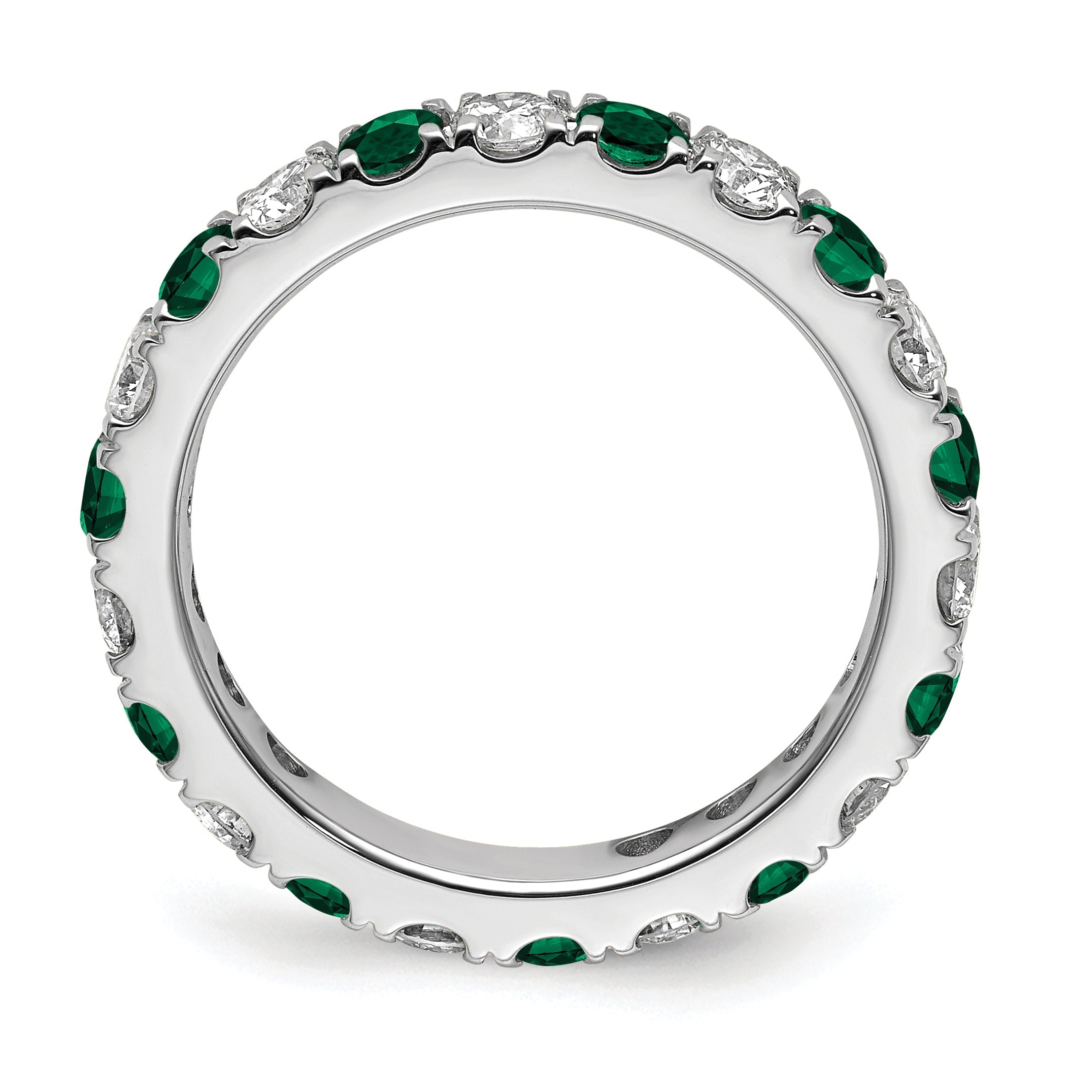 14K Weißgold Memoire-Ring mit 1 ct. Labor-gezüchteten Diamanten VS/SI+ G+ und Labor-gezüchteten Smaragden