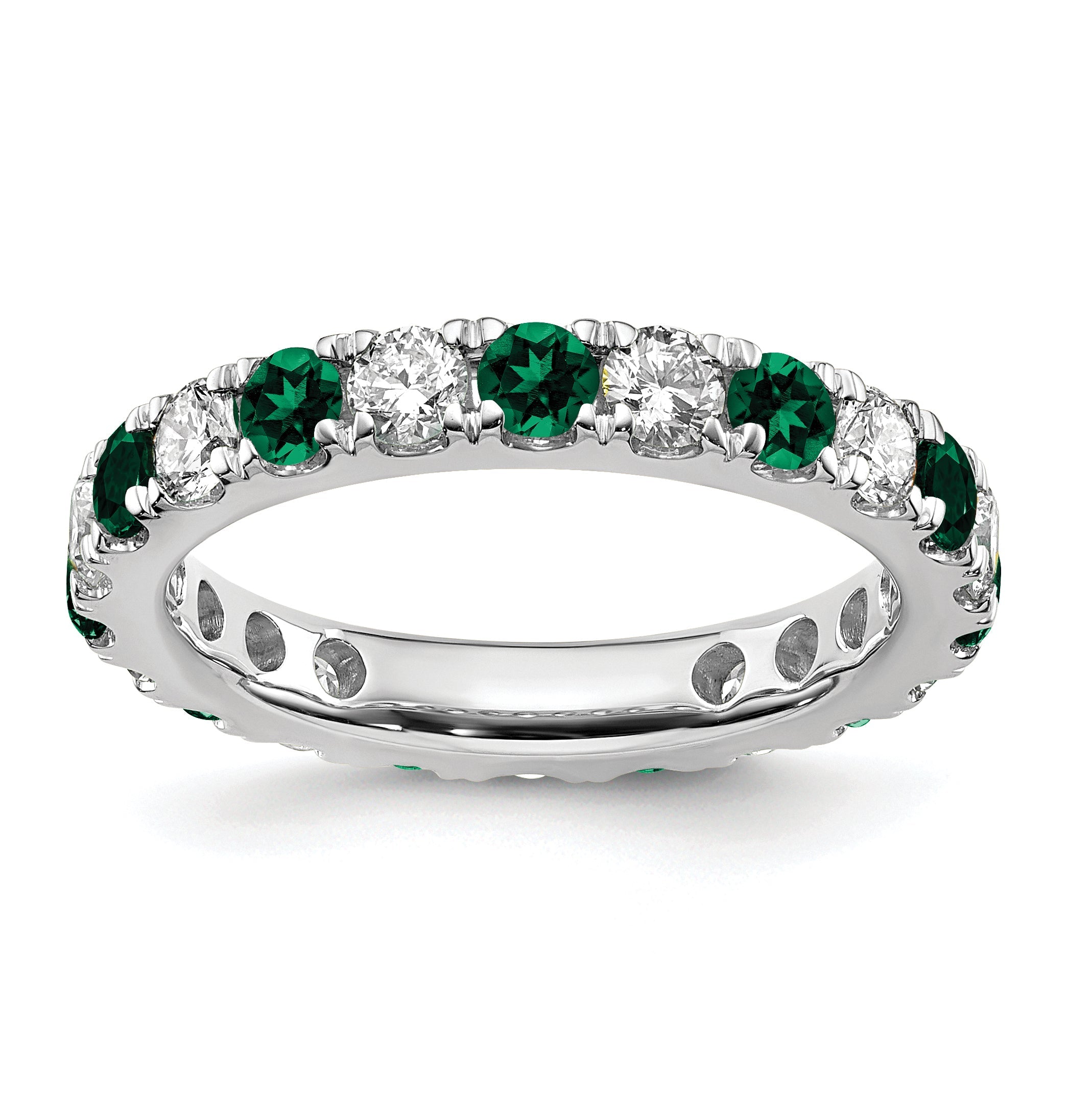 14K Weißgold Memoire-Ring mit 1 ct. Labor-gezüchteten Diamanten VS/SI+ G+ und Labor-gezüchteten Smaragden