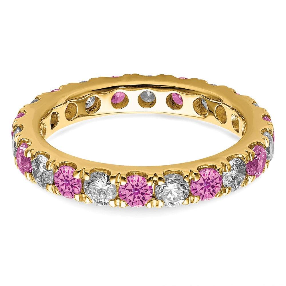 14K Gelbgold Memoire-Ring mit 0,75 ct. im Labor gezüchteten Diamanten VS/SI+ G+ und im Labor gezüchteten pinken Saphiren