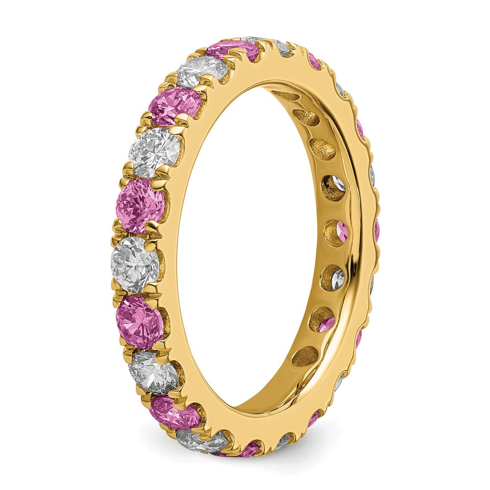 14K Gelbgold Memoire-Ring mit 1 0,2 ct. laborgezüchteten Diamanten VS/SI+ G+ und laborgezüchteten pinken Saphiren