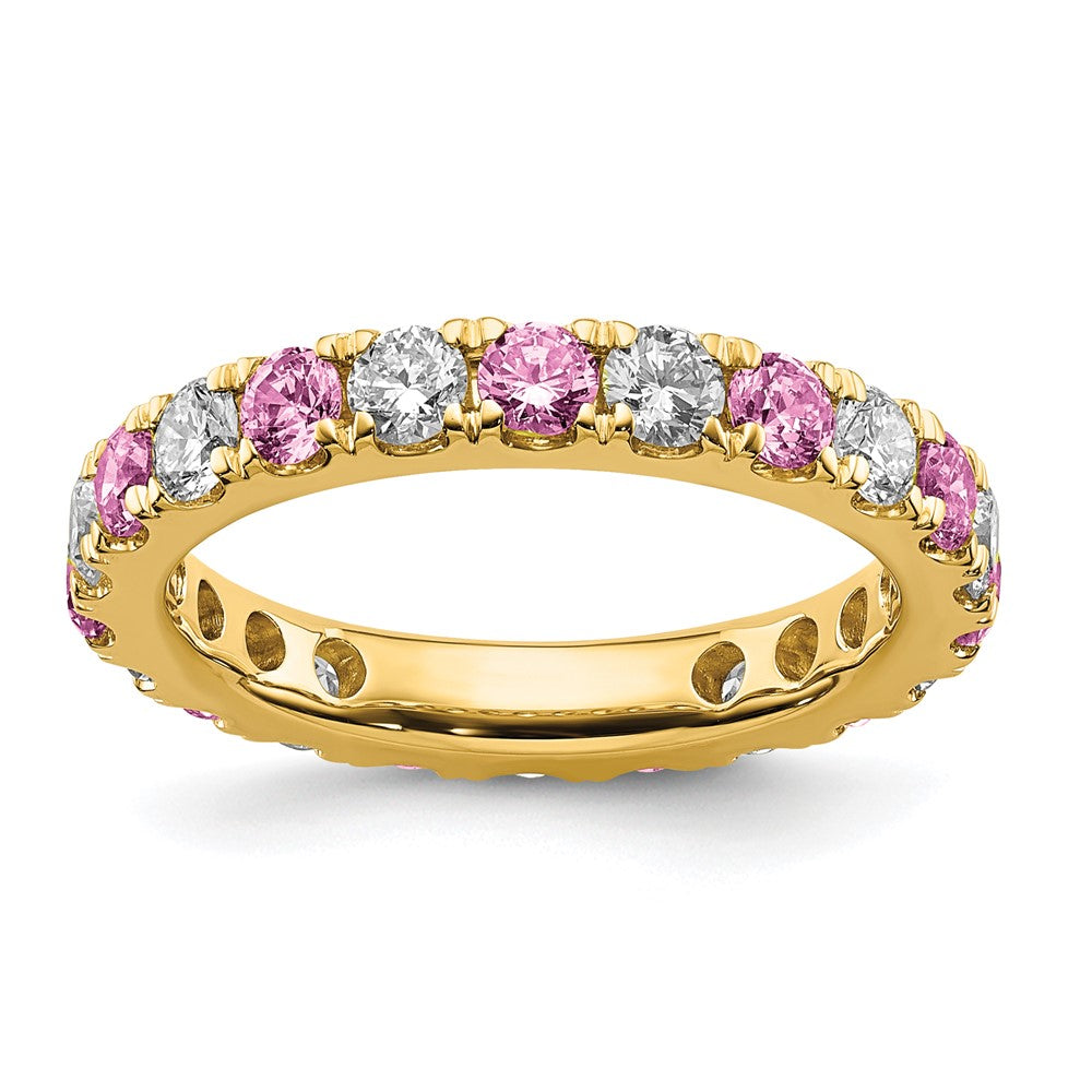 14K Gelbgold Memoire Ring mit 1,2 ct. Labor gezüchteten Diamanten VS/SI+ G+ und im Labor gezüchteten pinken Saphiren