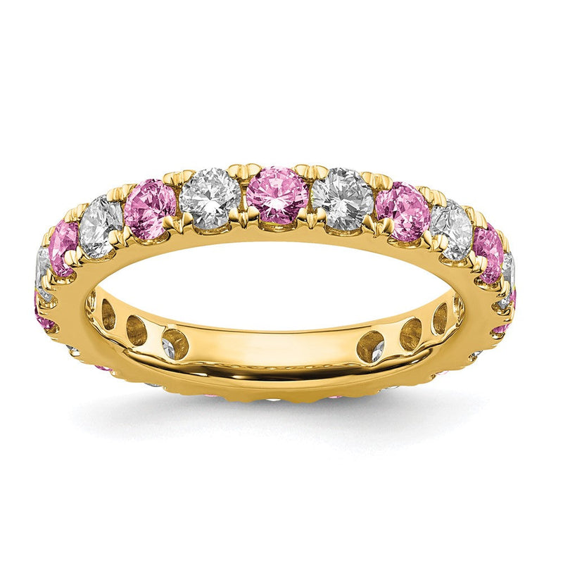 14K Gelbgold Memoire-Ring mit 1 ct. laborgezüchteten Diamanten VS/SI+ G+ und laborgezüchteten pinken Saphiren