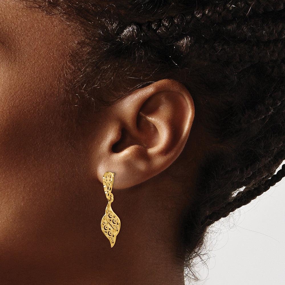 14K Gelbgold Poliert & Diamantiert Filigran Wirbel Hängend Ohrstecker