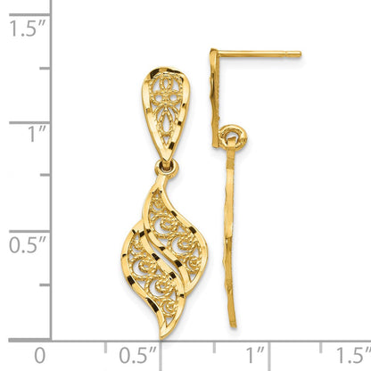 14K Gelbgold Poliert & Diamantiert Filigran Wirbel Hängend Ohrstecker
