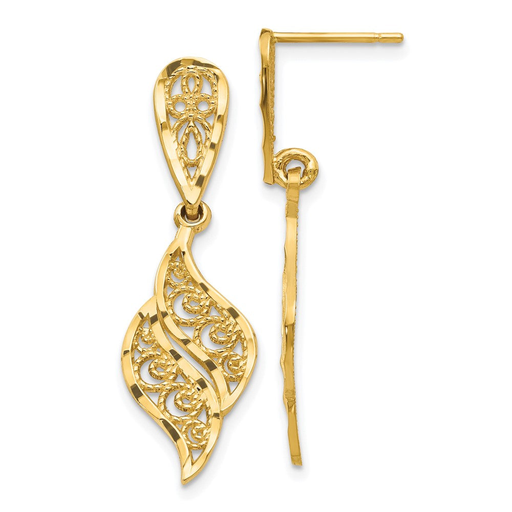14K Gelbgold Poliert & Diamantiert Filigran Wirbel Hängend Ohrstecker
