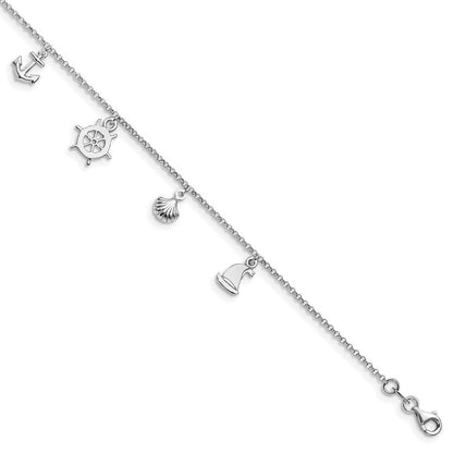 Sterlingsilber Rhodiniert Meer Leben 9 Zoll Plus 1 Zoll Verlängerung. Fußkettchen