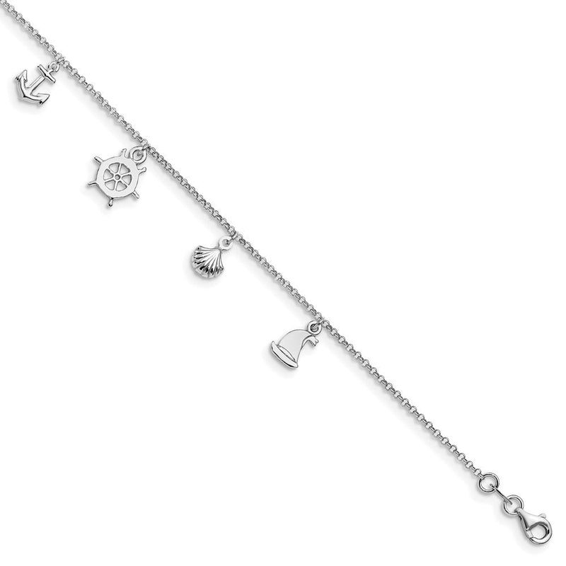 Sterlingsilber Rhodiniert Meer Leben 9 Zoll Plus 1 Zoll Verlängerung. Fußkettchen