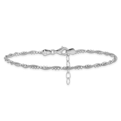 Sterlingsilber Rhodiniert Gedreht Perle 9 Zoll + 1 Zoll Verlängerung. Fußkettchen