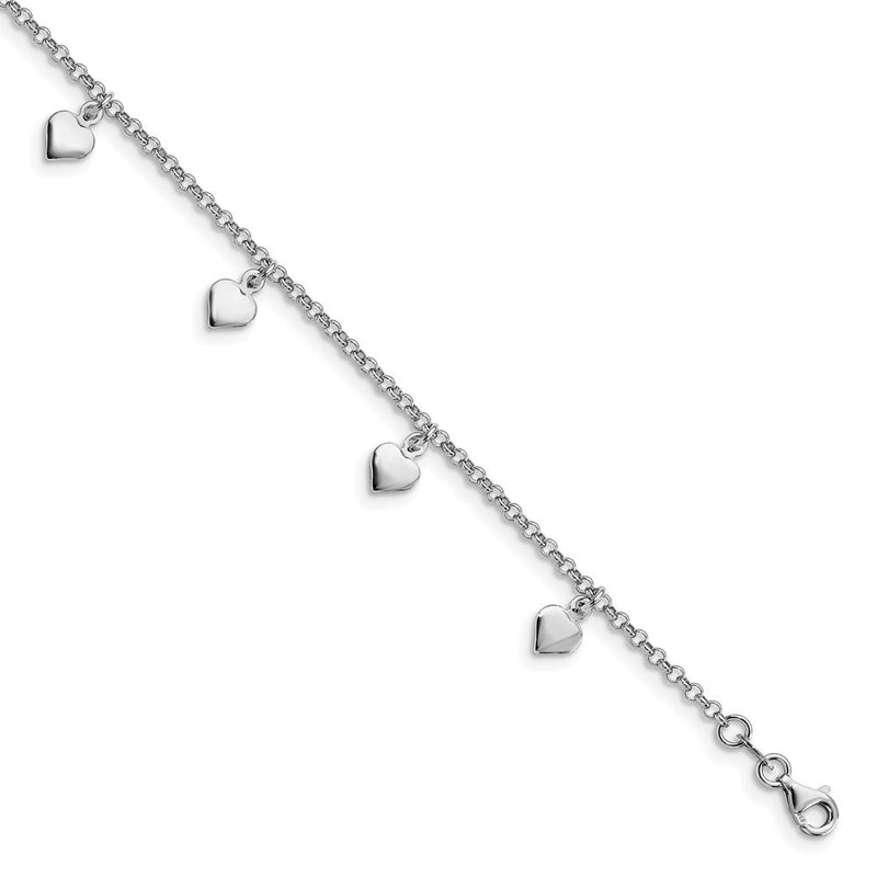 Sterlingsilber Rhodiniert Herzen 9 Zoll Plus 1 Zoll Verlängerung. Fußkettchen