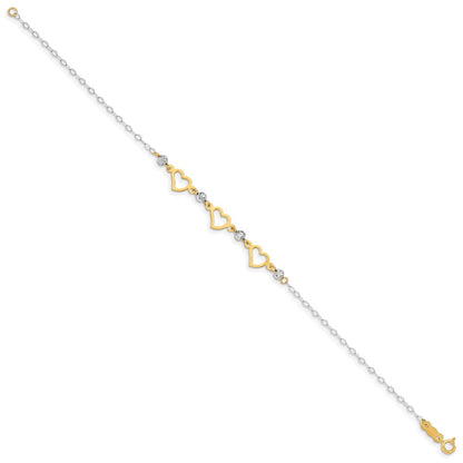 7.5 Zoll 14K Bicolor Oval Glieder Diamantiert Perlen und Herz Armband