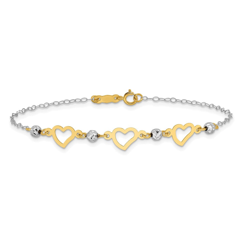 7.5 Zoll 14K Bicolor Oval Glieder Diamantiert Perlen und Herz Armband