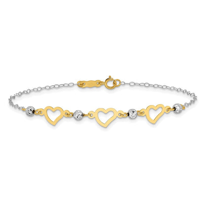 7.5 Zoll 14K Bicolor Oval Glieder Diamantiert Perlen und Herz Armband
