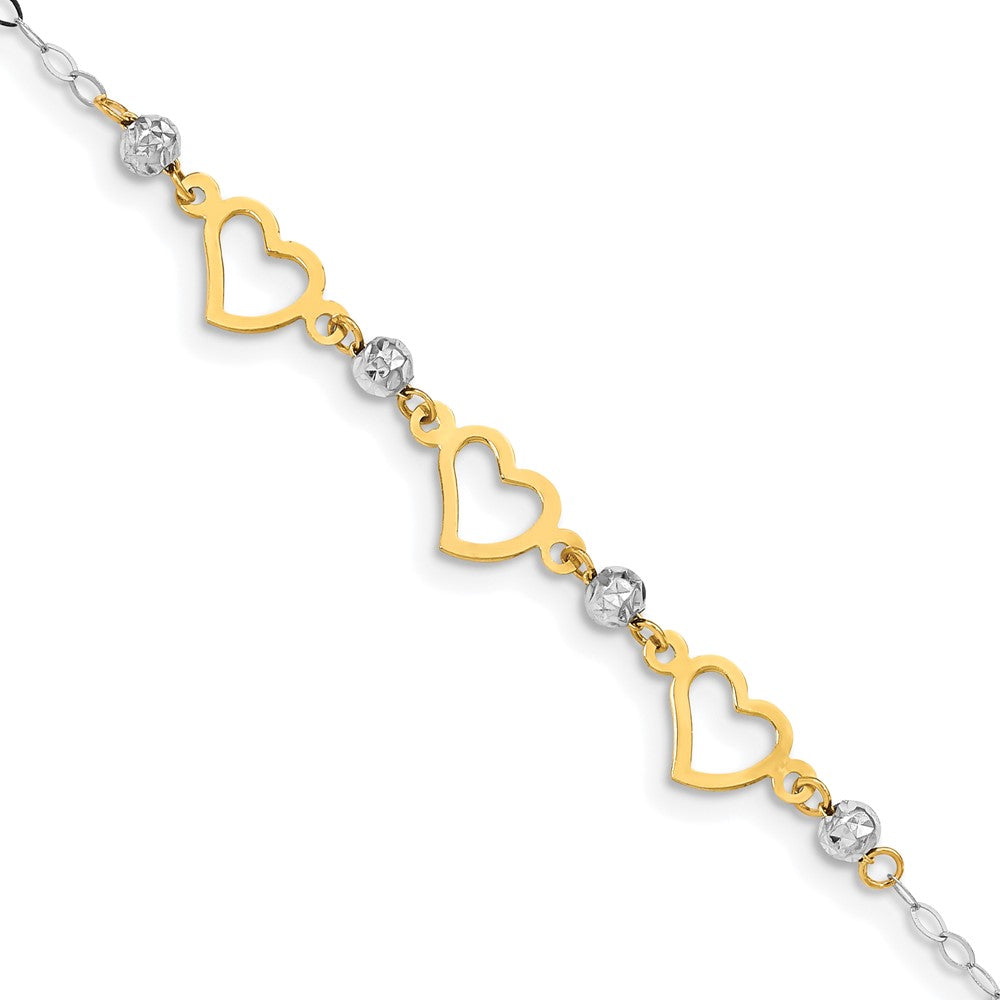 7.5 Zoll 14K Bicolor Oval Glieder Diamantiert Perlen und Herz Armband