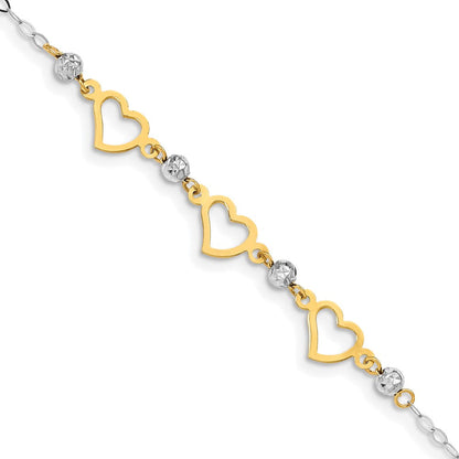 7.5 Zoll 14K Bicolor Oval Glieder Diamantiert Perlen und Herz Armband