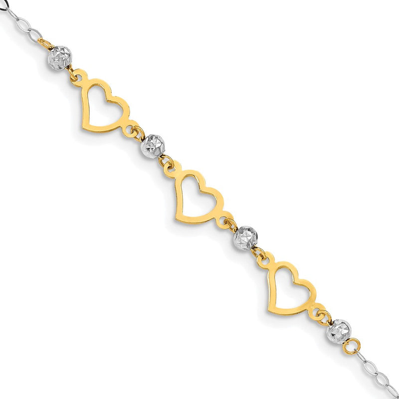 7.5 Zoll 14K Bicolor Oval Glieder Diamantiert Perlen und Herz Armband