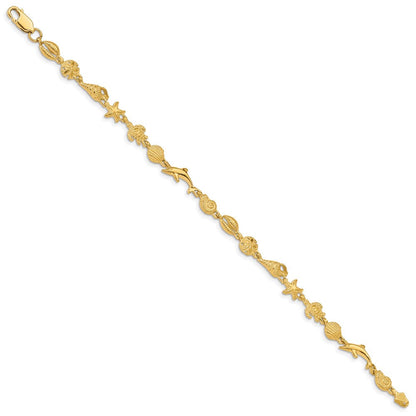7.25 Zoll 14K Gold Poliert und Strukturiert Meer Leben Armband