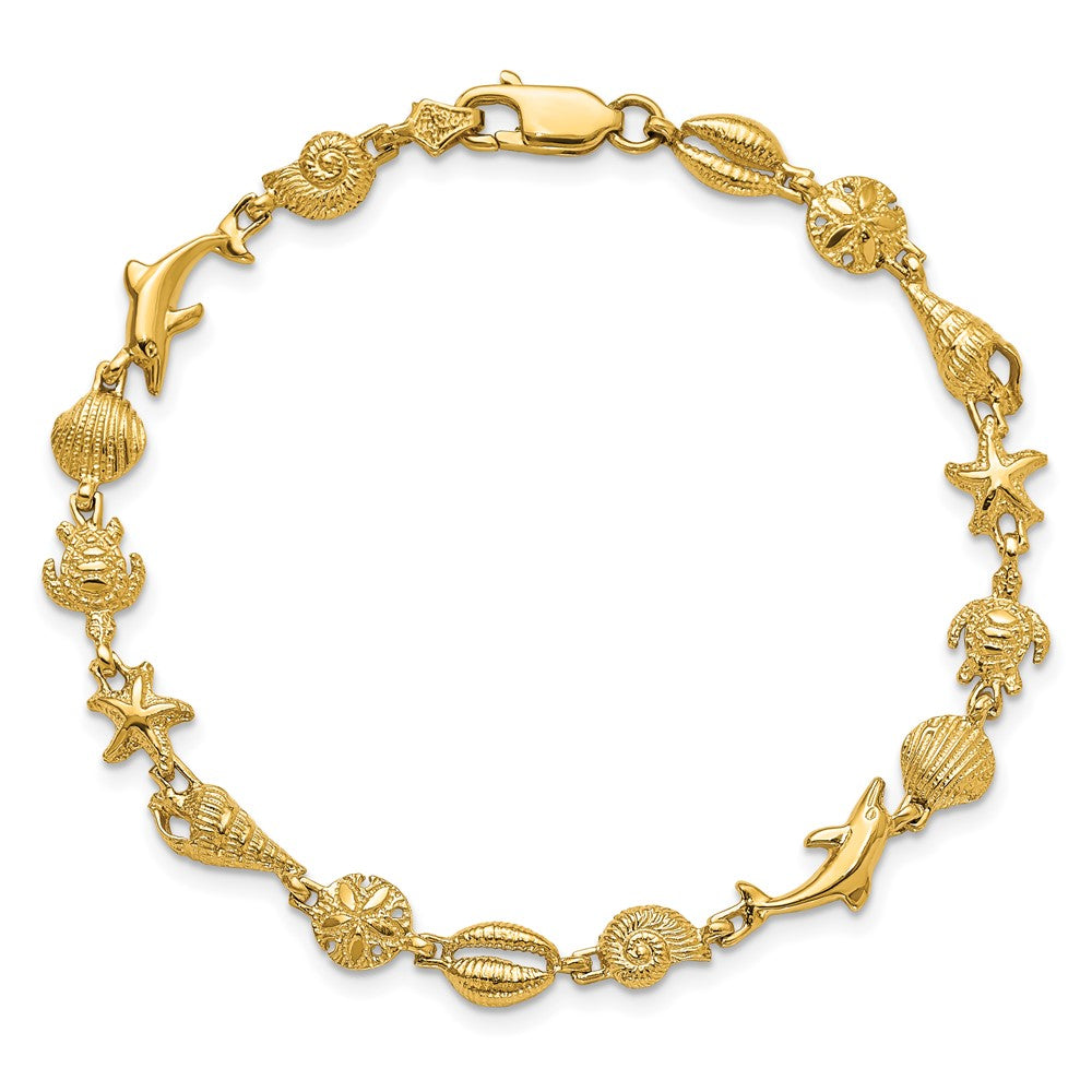 7.25 Zoll 14K Gold Poliert und Strukturiert Meer Leben Armband