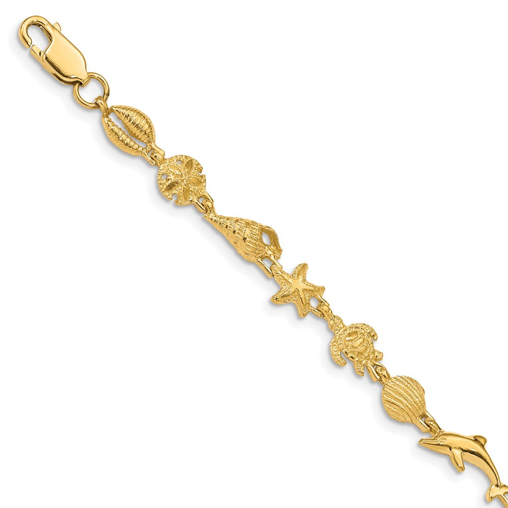 7.25 Zoll 14K Gold Poliert und Strukturiert Meer Leben Armband