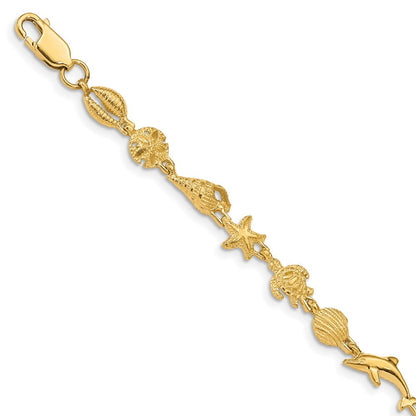 7.25 Zoll 14K Gold Poliert und Strukturiert Meer Leben Armband