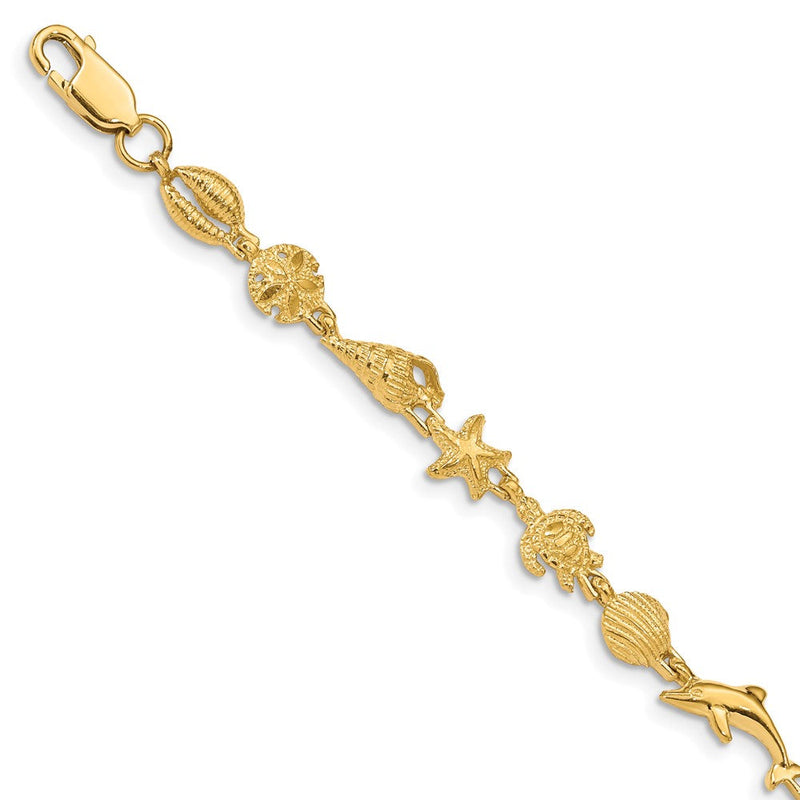 7.25 Zoll 14K Gold Poliert und Strukturiert Meer Leben Armband